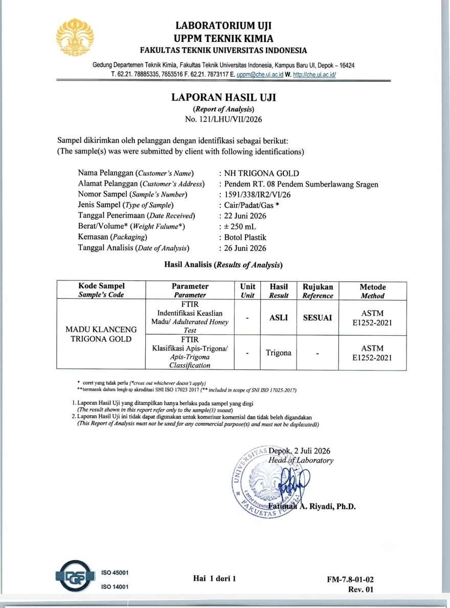 Hasil Lab Madu Trigona Gold